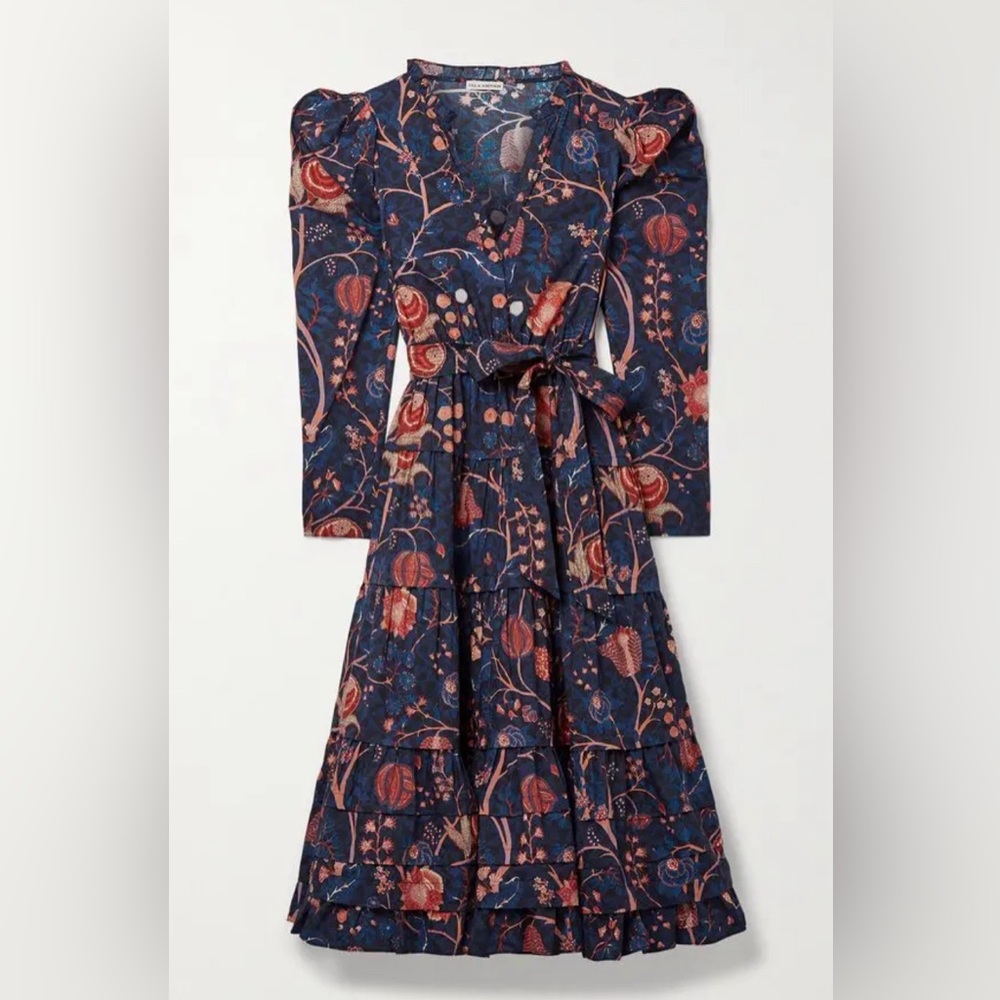 NWOT ULLA JOHNSON Nanette Belted Tiered Floral Print Cotton-Poplin Midi Dress